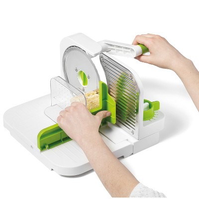Compact Green and White Manual Deli Slicer with Stainless Steel Blade