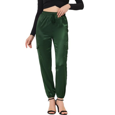 Allegra K Women's Drawstring Elastic High Rise Silky Solid Satin Pants Dark  Green Small