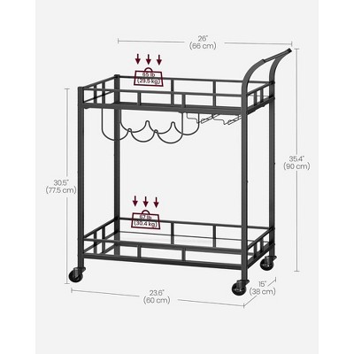 Black Steel Bar Cart with Mirrored Shelves and Wine Holders