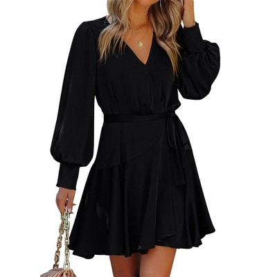 Womens Spring Dress Sexy Wrap V-Neck Ruffle Mini Dress Swing Tie Waist Flowy Cocktail Dresses