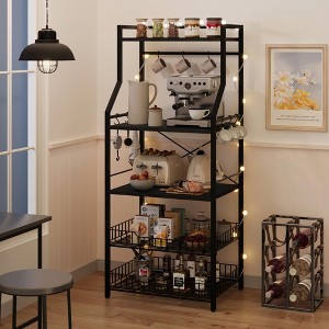 Bakers Rack, Standing Microwave Stand - 5-Tier Industrial Coffee Bar Station with 2 Large Wire Baskets & 8 Hooks for Kitchen Storage - 1 of 4