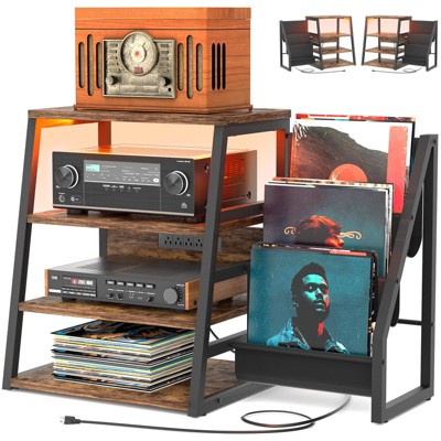 Aheaplus 4-Tier Stereo Rack Cabinet with Side Shelves for Record Storage, Turntable Console Stand with LED Lights