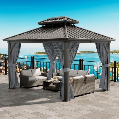 Hardtop 10x12ft Gazebo, Double Roof Canopy with Netting and Curtains