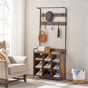 XIYUYEU Hall Tree with 5 Hooks Simple Coat Rack with Shoe Rack and Bench for Entryway - 1 of 4