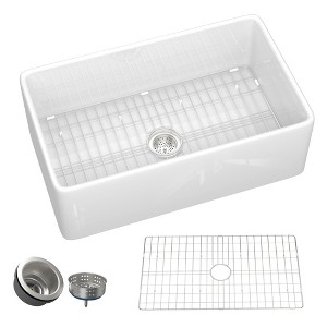 33 in. Farmhouse Sinks for Kitchens Single Bowl White Apron Front Deep Sink Fireclay Sink with Bottom Grid and Strainer - 1 of 4