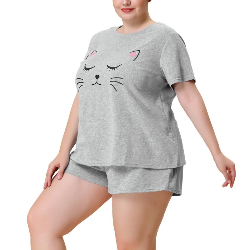 Agnes Orinda Women's Plus Size Comfort Cute Cat Print Short Sleeve Pajama Set, 2 of 7