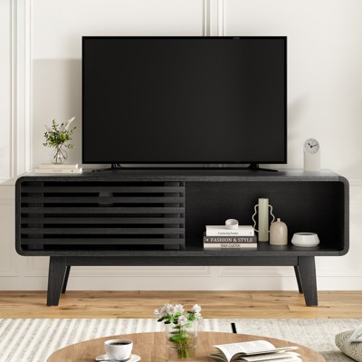 TV stand with TV on top, left slatted section