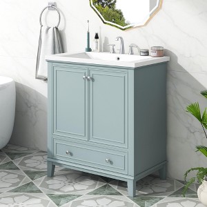 30" Single Sink Bathroom Vanity, Freestanding Bathroom Vanity with 1 Drawer & 2 Doors, Wood Bathroom Cabinet with Ceramic Basin Sink Top Green - 1 of 4