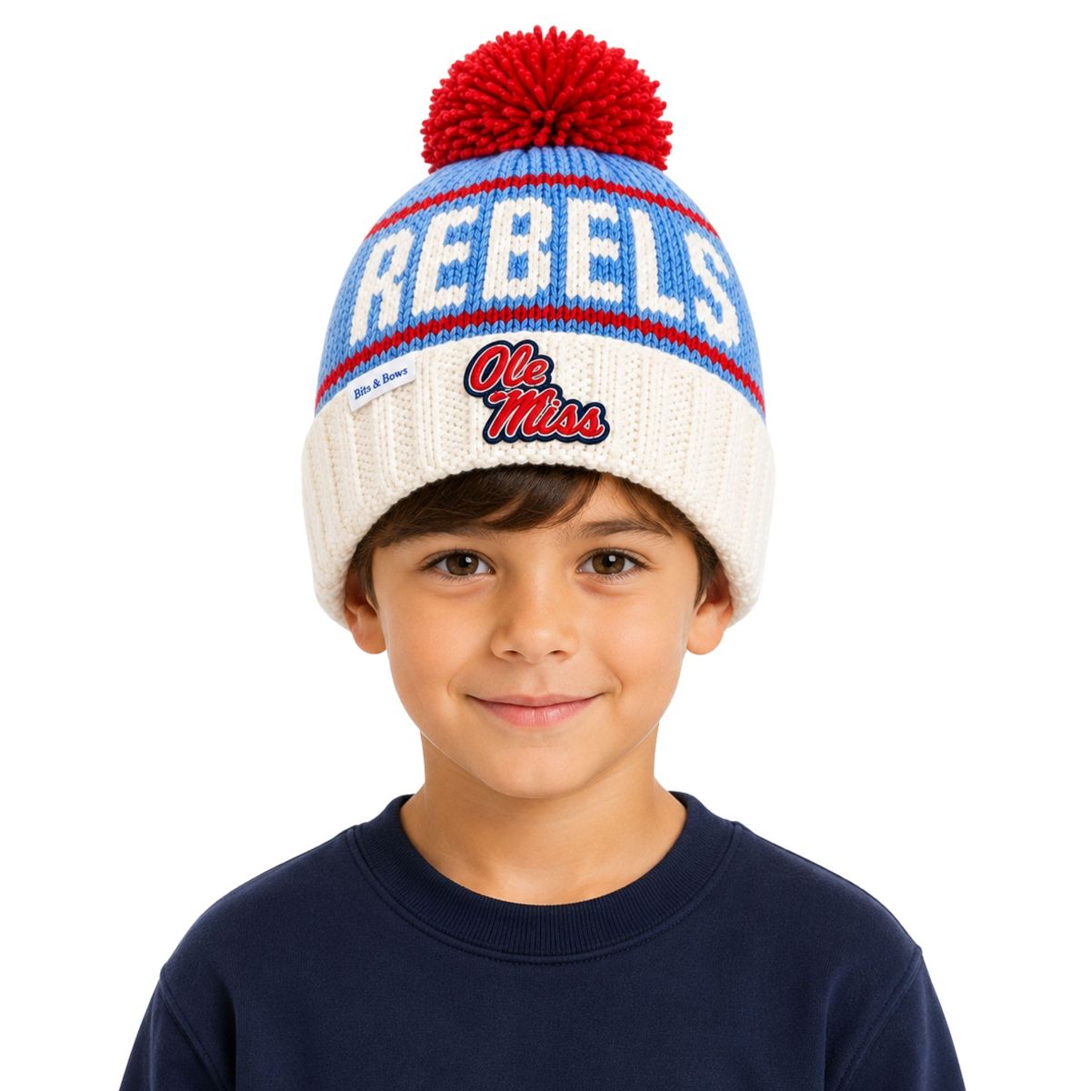 Bits & Bows Officially Licensed Ole Miss Rebels Bobble Hat, Red/Blue - thumbnail 2
