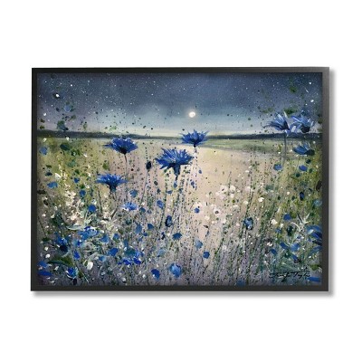 Stupell Industries Blooming Blue Flowers Night Moon Framed Giclee Art