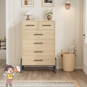 Jojoka 6-Drawer Tall Narrow Dresser - Farmhouse Style, Heavy-Duty Steel Frame, Wood Accents for Bedroom, Hallway, Kids Room, Nursery, Oak - 1 of 4