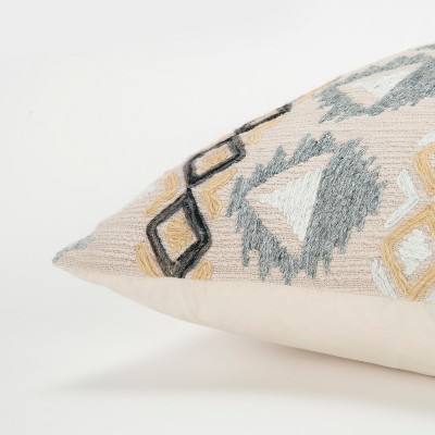 24" Beige and Gray Embroidered Cotton Square Throw Pillow