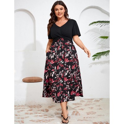 Women's Casual Plus Size Dresses V Neck Short Sleeve Floral A-Line Swing Midi Summer Dress