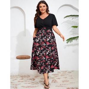 Women's Casual Plus Size Dresses V Neck Short Sleeve Floral A-Line Swing Midi Summer Dress - 1 of 4