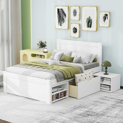 Twin/Full Size Wood Platform Bed With Drawer and Two Storage Shelves 4O - ModernLuxe