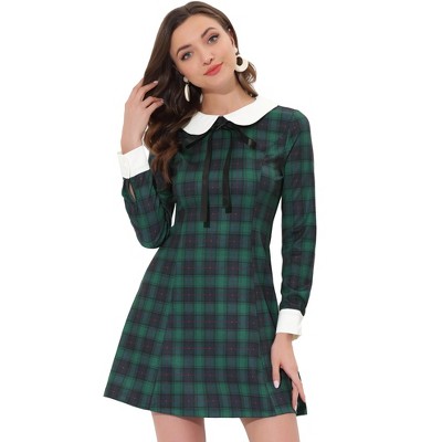 INSPIRE CHIC Women's Peter Pan Collar Fit and Flare Mini Plaid Tartan A Line Dresses