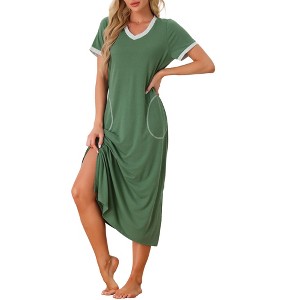 cheibear Women's V Neck Short Sleeves with Pockets Slit Long Nightgown - 1 of 4
