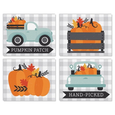 Big Dot of Happiness Happy Fall Truck - Unframed Harvest Pumpkin Linen Paper Wall Art - Set of 4 - Artisms - 8 x 10 inches