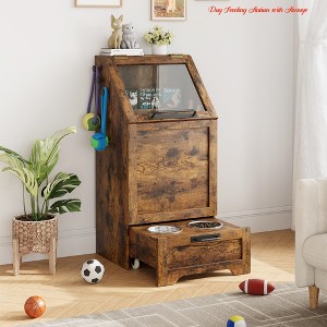 Dog Food Storage Container w/Flip Top, 35-Inch Pet Feeding Station Cabinet Includes 2 Elevated Dog Bowls - 1 of 4