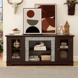 TinyHomie58 Modern TV Stand 2 Door Storage Faux Stone Media Console Cherry Entertainment Center Living Room - 1 of 4
