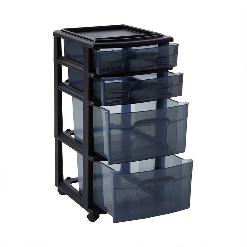 Homz Tall Solid Plastic Versatile 4 Drawer Medium Home Storage Cart with 4 Caster Wheels for Home, Office, Dorm, and Classroom, Black (2 Pack), 3 of 7
