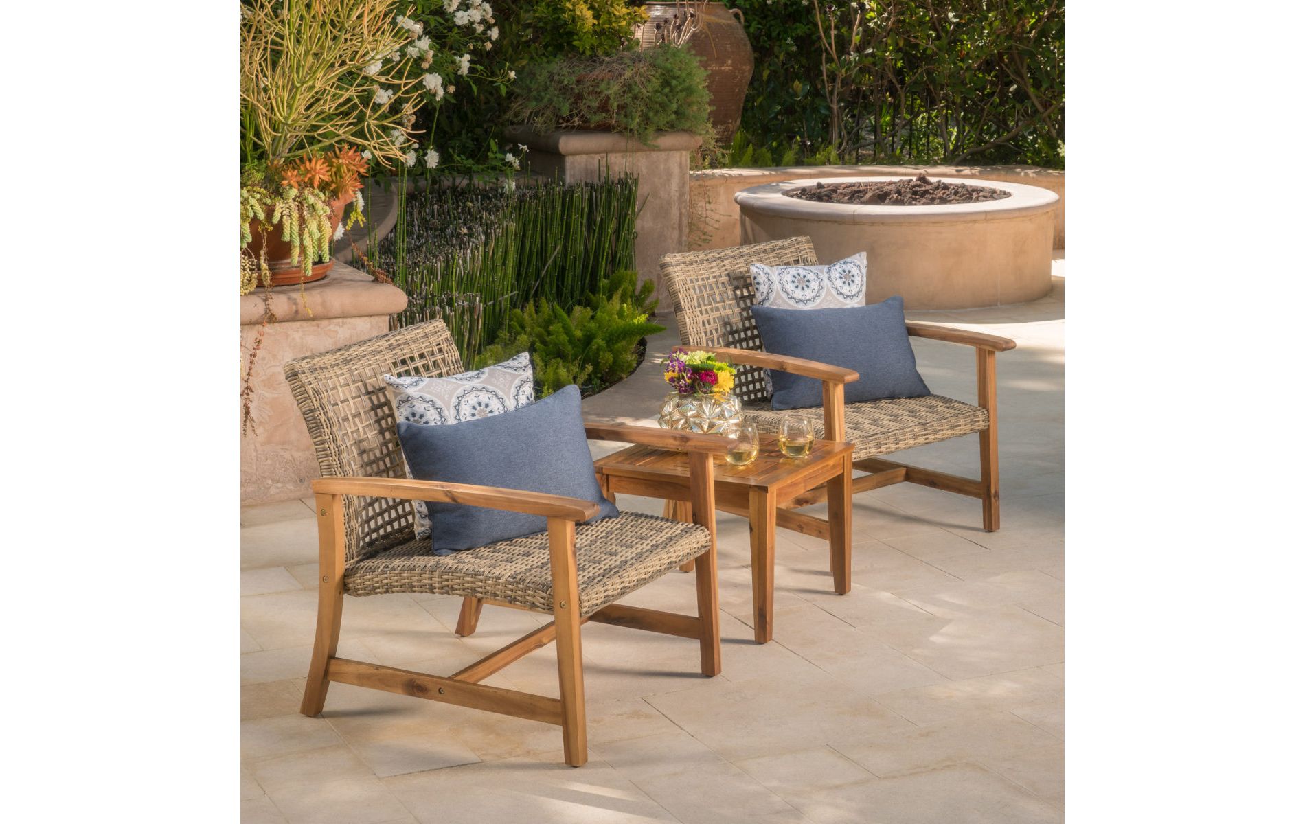 Modern Faux Rattan Club Chair Set of 2, Natural Acacia Wood Indoor Outdoor Patio Lounge, 28" All-Weather Sturdy Seating-3irtyhousy