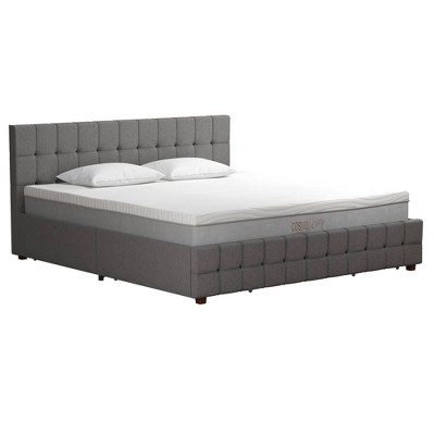 King-Size Gray Linen Upholstered Storage Bed with Tufted Design & 4 Drawers
