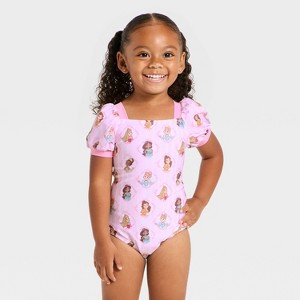 Toddler Girls' Disney Princess Puff Sleeve One Piece Swimsuit - Light Pink - 1 of 3