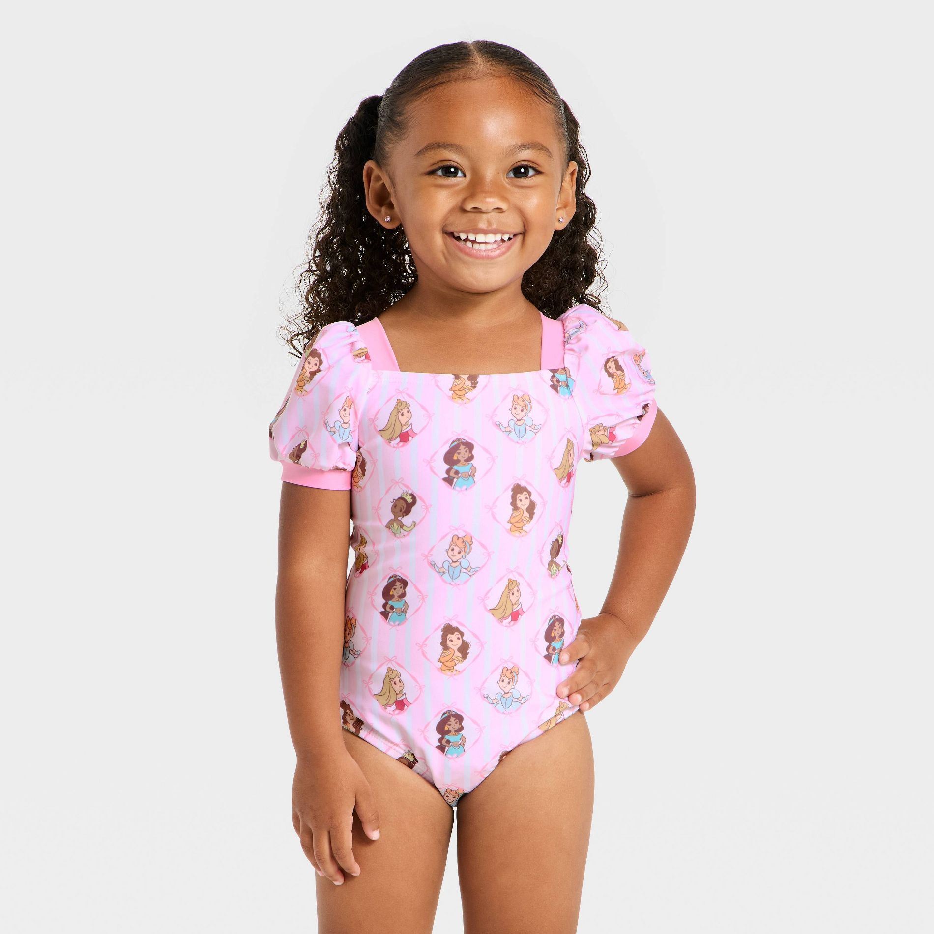 Toddler Girls' Disney Princess Puff Sleeve One Piece Swimsuit - Light Pink