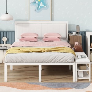 Full-Size Metal Platform Bed with Two-Level Storage Shelves and Wooden Storage Cabinet - 1 of 4