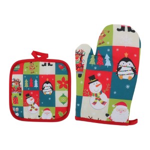 Unique Bargains Oven Mitts and Pot Holder Checkerboard Snowman Christmas Polyester Closed Cell Foam Colorful - 1 of 4