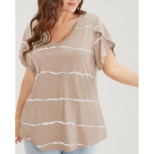 Women's Plus Size Striped Flutter Sleeve V - Neck T - Shirt, Casual Comfortable Sweet Short - Sleeve Top for Daily Wear - 1 of 3