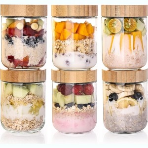 6-Pack Oats Containers with Bamboo Airtight Lids, 16oz Wide Mouth Mason Salad jars, Glass Food Storage Containers for Snacks Sugar Spice Yogurt - 1 of 4