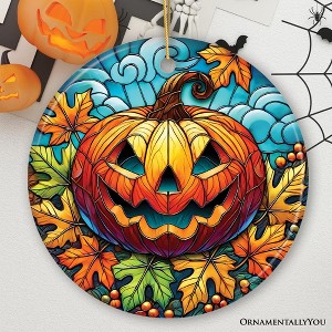 Pumpkin Spice and Crispy Leaves Stained Glass Style Ceramic Ornament, Halloween Themed Christmas Gift and Decor| OrnamentallyYou - 1 of 4