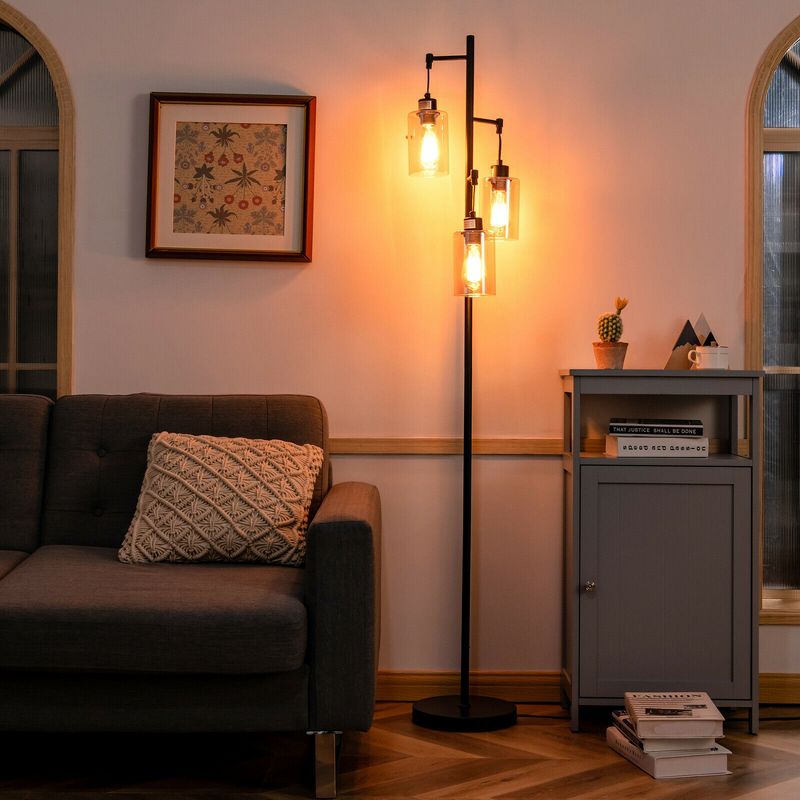 Tangkula 3 Lights Floor Lamp, Retro Floor Lamp with 3-Head Hanging Amber Glass Shade, Foot Switch, Metal Base, Industrial Floor Lamp Black, 3 of 11