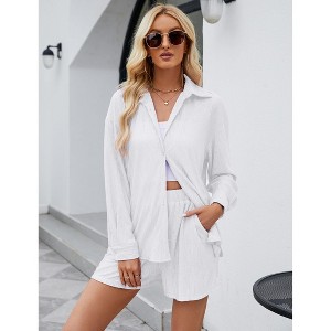 Women Pleated 2 Piece Outfits for Women Long Sleeve Button Down Shirt Wide Leg Pants Sets Casual Loungewear - 1 of 4