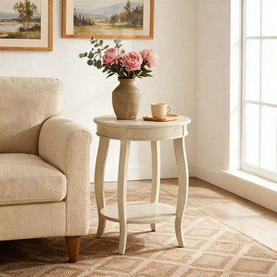 Homy Casa Round End Table with Lower Shelf, MDF Top and Solid Wood Legs, Living Room Accent Table