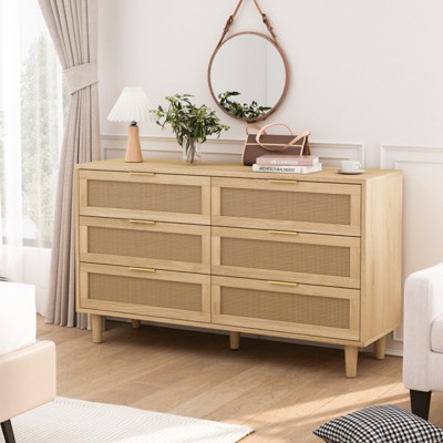 SKRAN 6 Drawer Dresser for Bedroom, Wooden Rattan Chest of Drawers with Metal Handles, Boho Farmhouse Organizer, 6-Drawers-Slide Rail