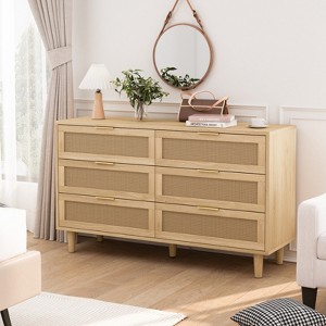 SKRAN 6 Drawer Dresser for Bedroom, Wooden Rattan Chest of Drawers with Metal Handles, Boho Farmhouse Organizer, 6-Drawers-Slide Rail - 1 of 4