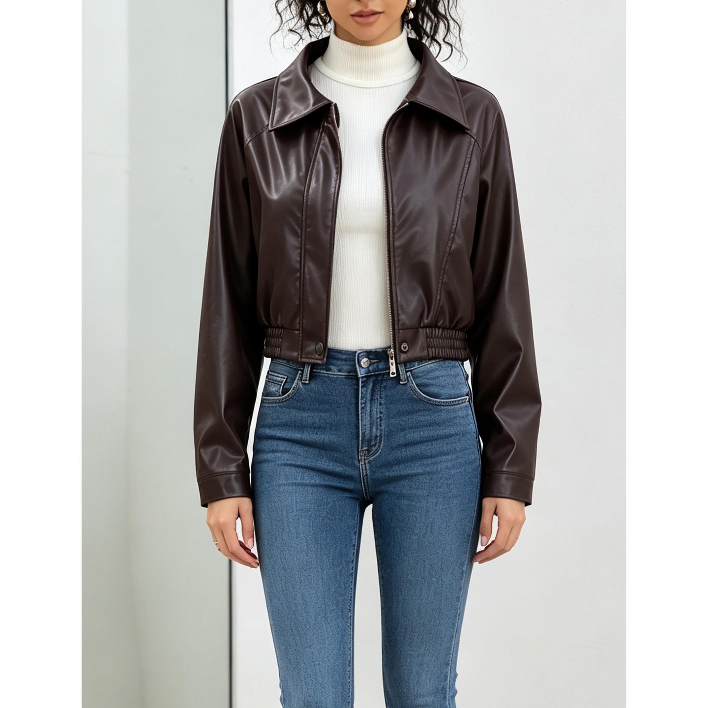 Женская куртка YesFashion Vintage Lapel Zip-Up Cropped Moto Jacket Long Sleeve Short Outerwear Street Casual Layering Top, M, Brown, цвет: Коричневый — фото 1