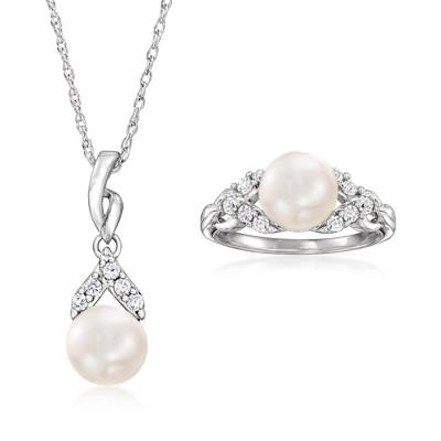 Ross-Simons 8-8.5mm Cultured Pearl and .40 ct. t.w. White Topaz Jewelry Set: Pendant Necklace and Ring in Sterling Silver