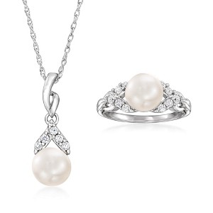 Ross-Simons 8-8.5mm Cultured Pearl and .40 ct. t.w. White Topaz Jewelry Set: Pendant Necklace and Ring in Sterling Silver - 1 of 4