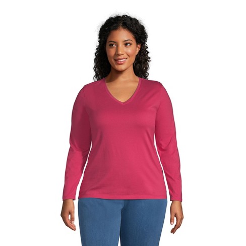 Lands' Women's Plus Size Relaxed Supima Cotton Long V-neck T- shirt - 3x Hot : Target