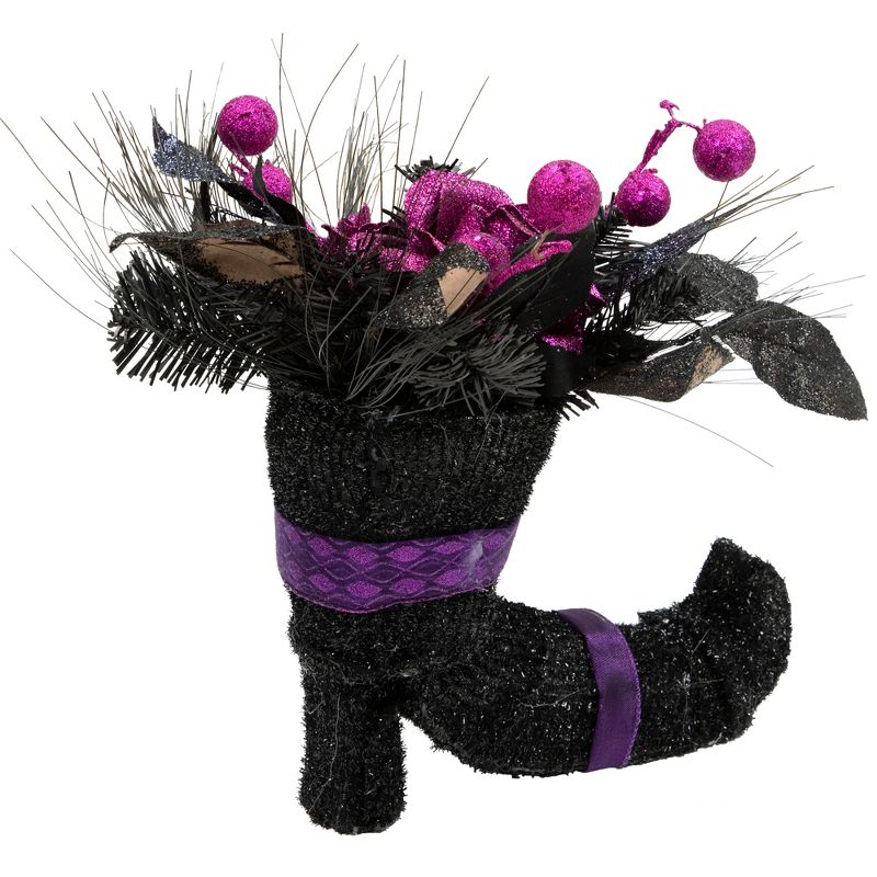 Northlight 12" Black Witch's Boot with Purple Glittered Roses Halloween Decoration, 4 of 5