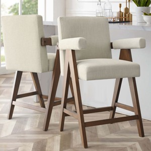 Morgan 25.5" Height Upholstered Seat and Back Counter Stools With Upside Down "V" shape design Solid Wood Legs-Maison Boucle - 1 of 4