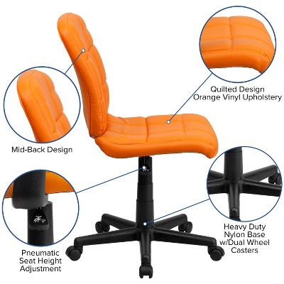 Mid-Back Armless Orange Vinyl Task Chair with Swivel
