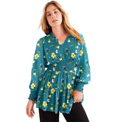 June + Vie by Roaman's Women's Plus Size Smocked Georgette Tunic