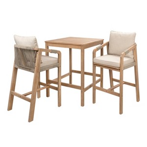 JONATHAN Y Porto Modern Coastal 3-Piece Acacia Wood Outdoor Bar Set with Cushions - 1 of 4