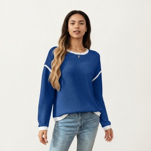 Anna-Kaci Women's Long Sleeve Knit Top with Contrast Trim and Relaxed Fit - 1 of 4