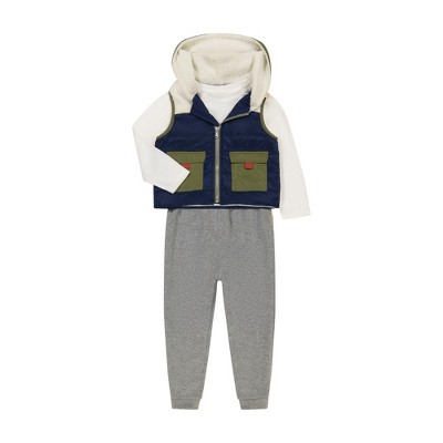 BEARPAW - Boy's Long Sleeve Graphic Shirt, Elastic Waist Joggers and Hooded Vest Set
